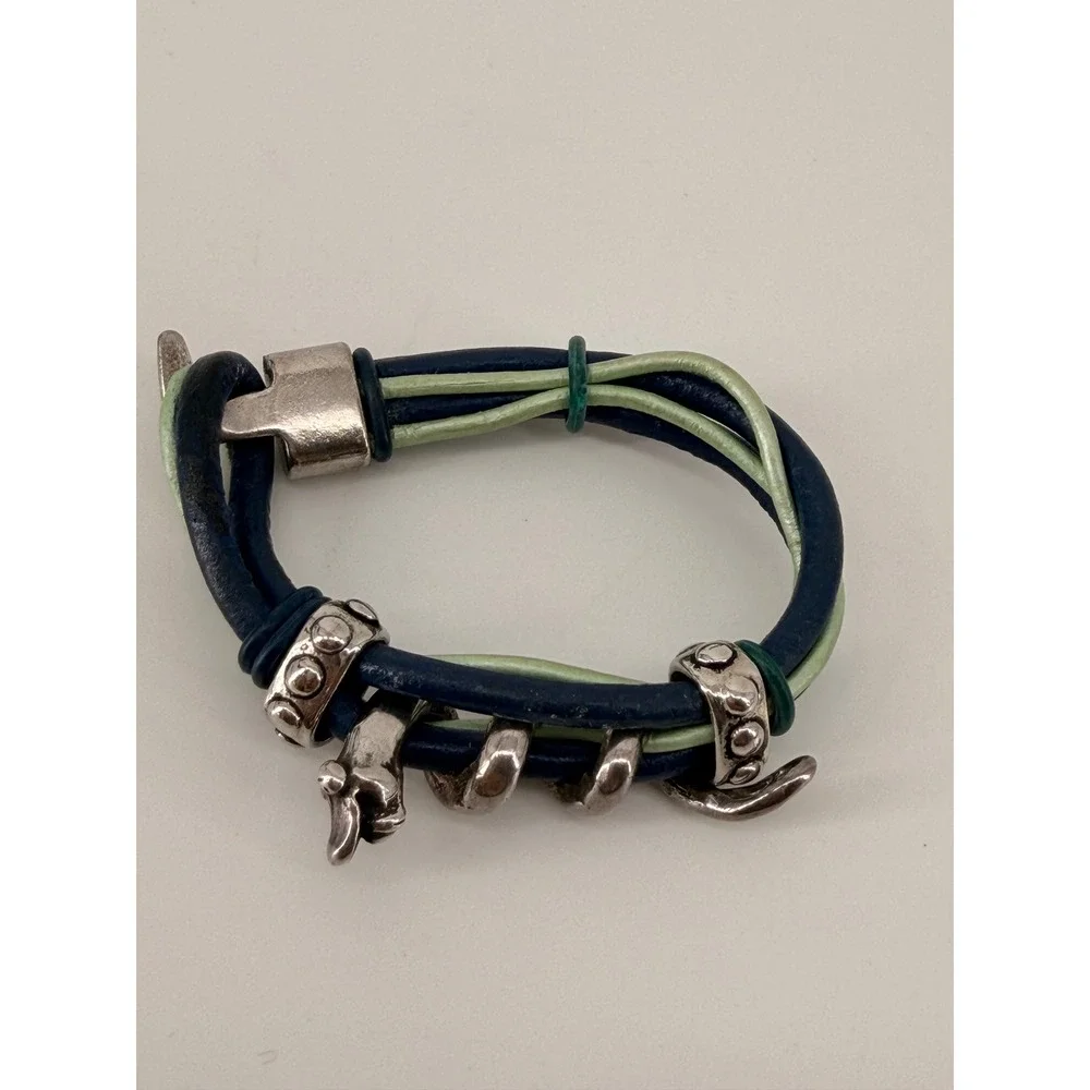 Navy Blue Sage Green Leather Multi Strand Snake Toggle Bracelet Silver Tone